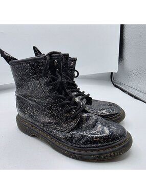 Dr. Martens Glitter Black Boots Youth Size 1 Durable Lace-Up Side Zipper Combat